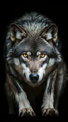 Grey wolf with intense yellow eyes staring on black background