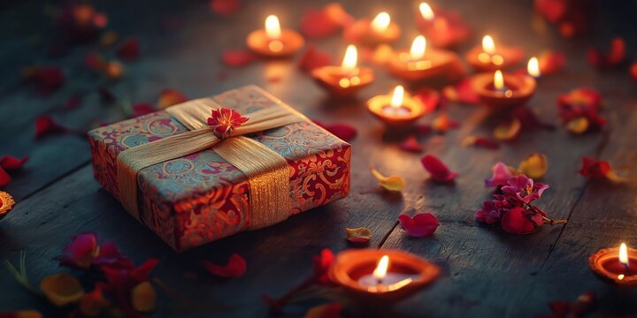 Decorative Diwali gift boxes adorned with golden ribbons and surrounded by glowing diyas and fresh flowers on a wooden table
