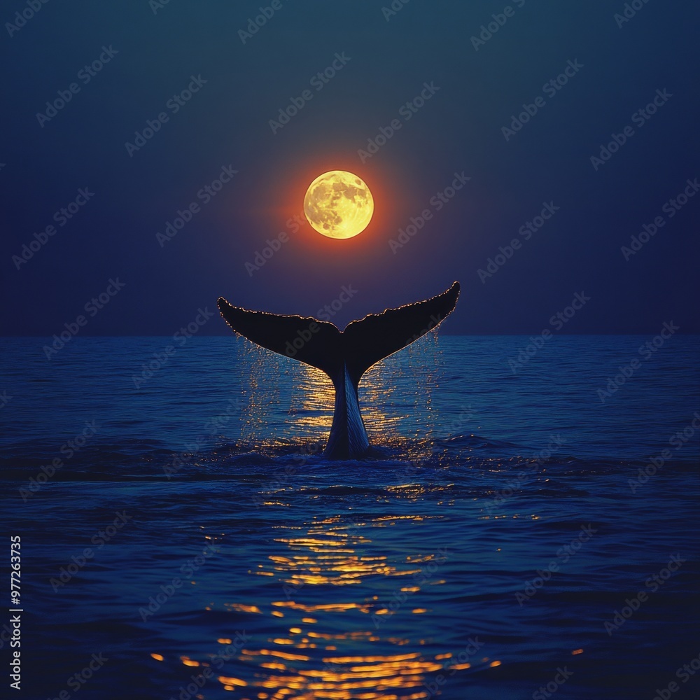 Sticker A whale's tail emerges from the ocean under a full moon.