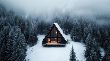 This picture showcases a charming A-frame cabin with large glass windows, set in a snowy, foggy forest, creating a mystical and cozy atmosphere perfect for peaceful seclusion.