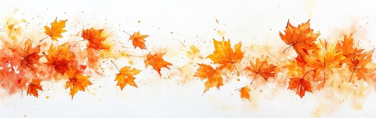 Watercolor Maple Leaves in Autumn Breeze on White Background