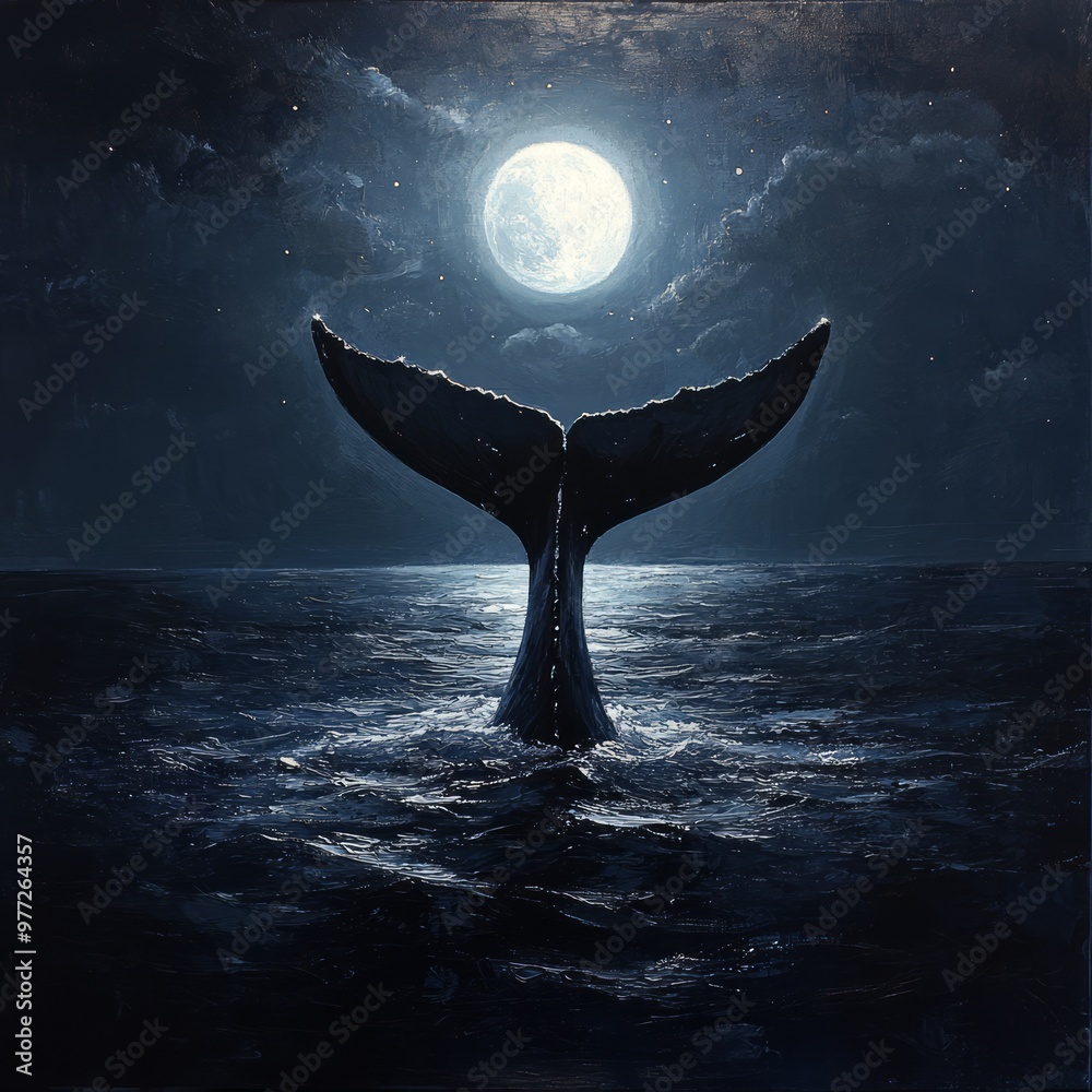 Wall mural A whale's tail emerging from dark ocean waters under a full moon.