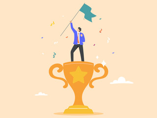 Winning and successful businessmen will hold a flag on the victory trophy