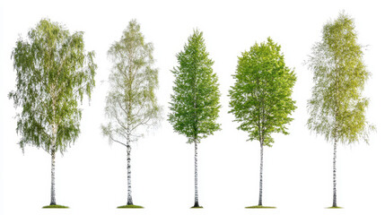 Fototapeta premium Set of isolated birch trees in a sunny setting, showcasing natural beauty with vibrant green leaves and slender trunks