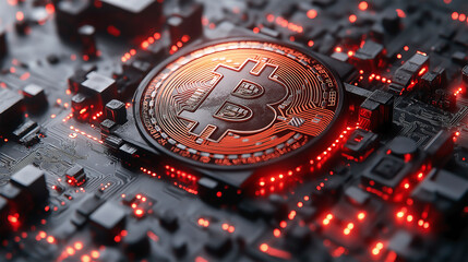 Obraz premium Bitcoin Circuitry Illuminated with Fiery Glow: Depicting Digital Currency's Integration into Modern Technology and Blockchain Networks with Fiery Red Hues and a Focus on Cryptocurrency Systems