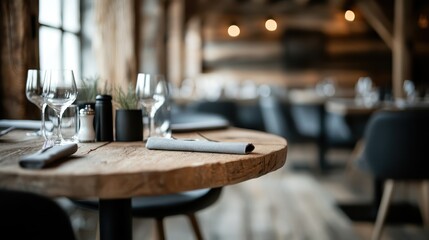A rustic restaurant table setting with glasses and napkins, showcasing a cozy dining area with wooden textures and warm lighting, creating an inviting atmosphere.