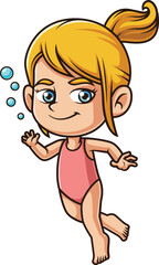 Cartoon caucasian girl swimming underwater vector illustration