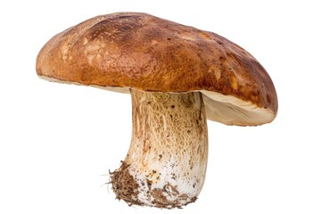 A single mushroom growing on a clean white surface