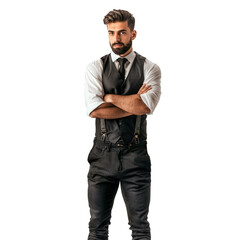 Fototapeta premium Young businessman with a beard is standing with his arms folded, wearing a black vest and suspenders