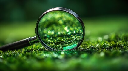 A magnifying glass with a glowing lens effect on a lime green background