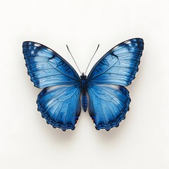Obraz premium 1. A single, vibrant blue butterfly perched on a pristine white background