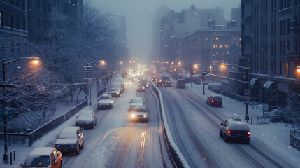 A winter highway in the city, with buildings covered in snow, streetlights glowing softly, and cars with snow on their roofs driving slowly through the slushy streets