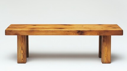 A minimalist wooden dining bench with a smooth finish on a clean white backdrop