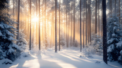 Fototapeta premium serene forest blanketed in fresh, untouched snow, with rays of sunlight filtering