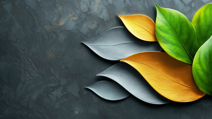 A Harmonious Blend of Nature and Minimalism: Colorful Autumn Leaves Symbolizing the Cycle of Life on a Dark Textured Background