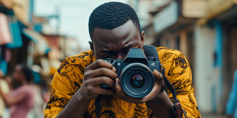 A man in a yellow shirt takes a photograph with a professional Sony camera, on a busy street.