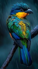 Obraz premium Colorful bird posing on a branch during tropical rain