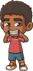 Cartoon african-american boy wearing braces vector illustration