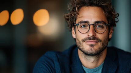 A man with glasses and curly hair smiles slightly against a blurred backdrop, showcasing a sense of calm and intellectual curiosity in a contemporary setting.