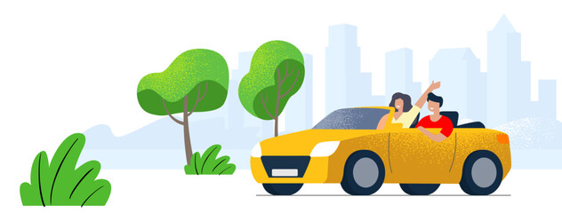 Man and woman driving in car in summer against backdrop of urban landscape. Vector flat