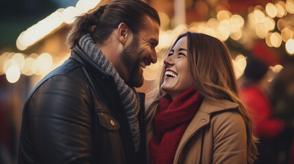 Young Australian Couple Celebrating Night Life in Lighting Background Photo. Fictional Characters Created By Generative AI.
