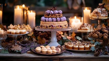 Elegant Thanksgiving dessert table showcasing floral pastries and fall decorations in a serene, dimly lit atmosphere