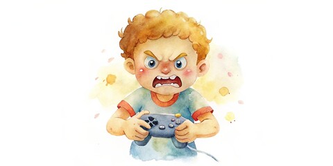 Angry boy playing video game with intense expression, watercolor illustration.