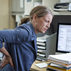 Fototapeta premium A middle aged woman is experiencing discomfort while sitting at her desk, showing pained expression as she holds her lower back. office environment is filled with paperwork and computer screen