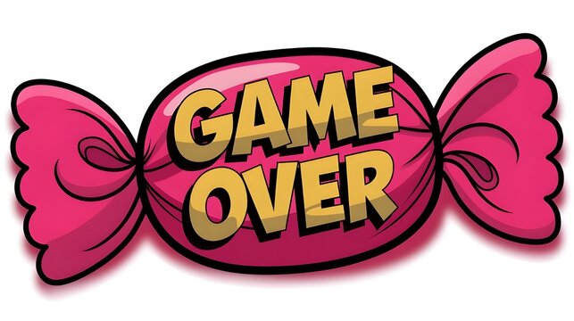 A cartoon-style photo of a pink candy with the text "Game Over" in a comic text style. The candy is on a white background. The overall image has a pink hue.