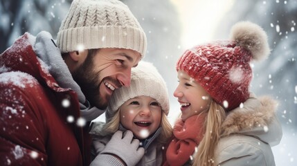 Happy American Family Enjoying Winter Holidays in Snowfall. Fictional Characters Created By Generative AI.