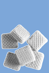 close up a bunch of waffers pixelate grayscale color halftone dotted texture style collage element isolated on blue background