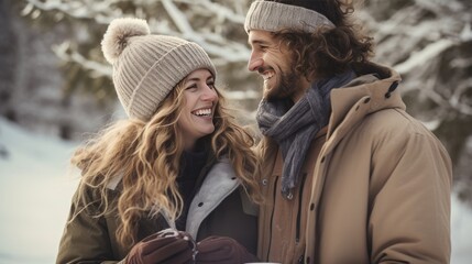 Fototapeta premium Young Australian Couple in Snowy Background Photo. Fictional Characters Created By Generative AI.