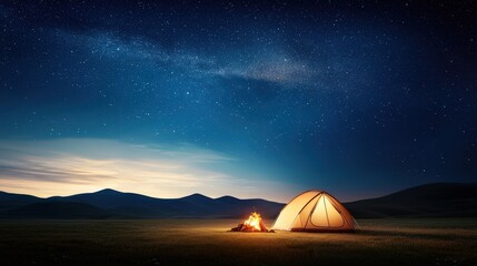 A cozy campsite with a tent set up under a starry night sky and a glowing campfire.
