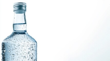 A vodka bottle with droplets of water running down the side, representing a cold, chilled bottle, isolated on white.