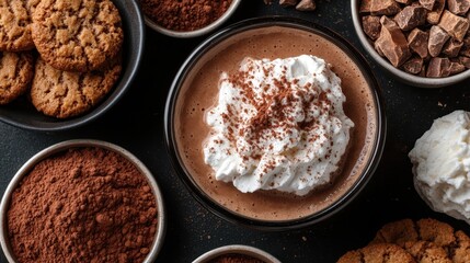 A top view of a bowl of hot chocolate topped with whipped cream surrounded by various bowls of cocoa powder and cookies, showcasing a delicious and warming treat.