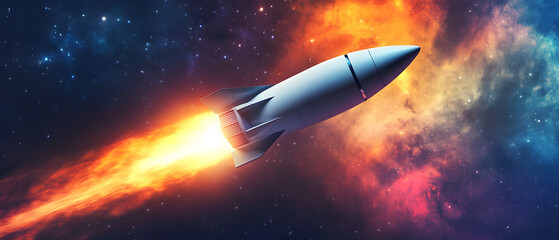 Sleek spacecraft soaring through a vibrant cosmic nebula with swirling colors, captured in high resolution. This striking image highlights the beauty of interstellar travel and futuristic design