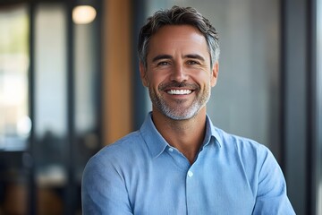 Obraz premium Smiling mid-adult businessman in a light blue shirt standing indoors at the office 