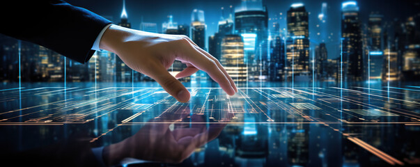 A hand reaching towards a holographic interface displaying digital data visualizations in a futuristic workspace