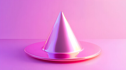 Fototapeta premium Shimmering holographic cone figure realistic Iridescent geometric shape trendy design, Conical 3d object on pink background,Abstract geometric primitive,Minimal scene