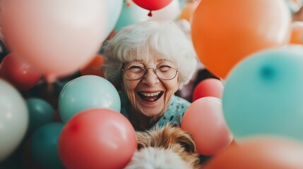 An elderly woman laughs joyfully amidst a vibrant array of balloons, exuding pure joy and capturing the timelessness of happiness and carefree celebration.