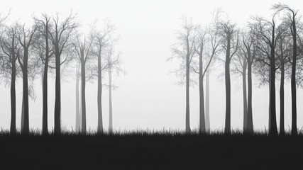 Black and white silhouette of a dark, mysterious forest with mist, blending fantasy and cartoon illustration styles, ideal for wallpaper, backdrop, or atmospheric background.