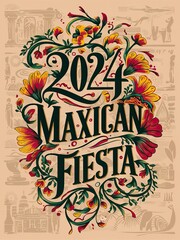 Colorful Mexican Fiesta Celebration with Bright Flowers, Sombreros, and Papel Picado