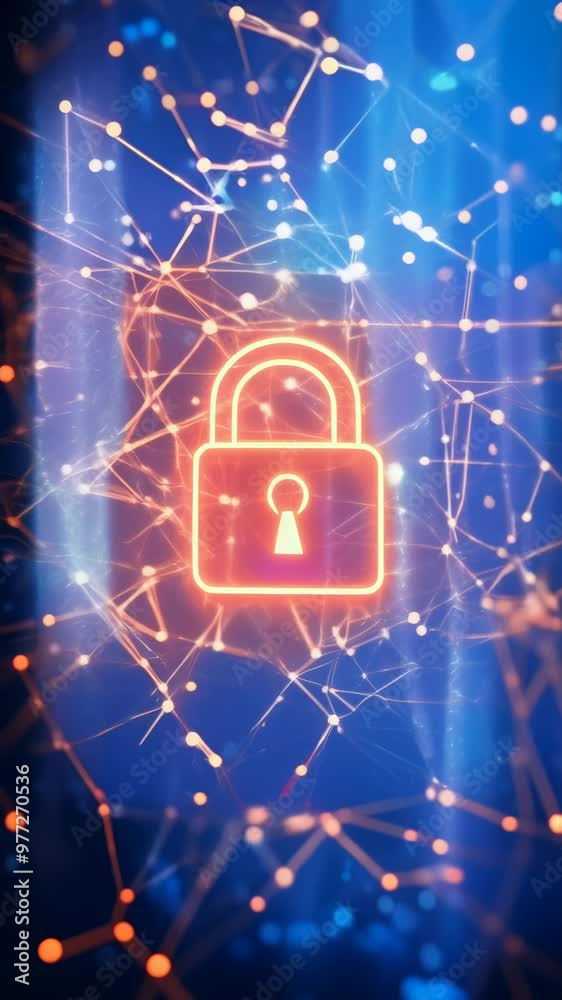 Poster Digital security concept with a glowing lock in a network. Cybersecurity and data protection theme.