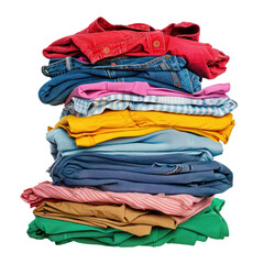 Tall pile of colorful clothes is waiting to be folded