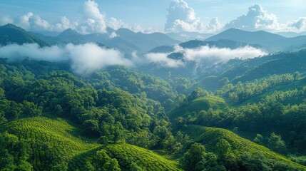 Agricultural area green tea on mountain Chiang rai Thailand, Aerial view of the mountainous area where the tea plantations are located.