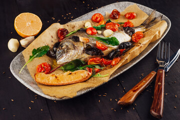 Delicious grilled fish with vegetables lying on parchment paper on a plate