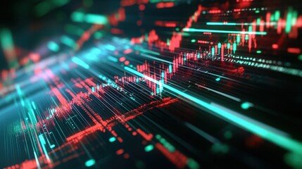 Fototapeta premium Close-up of a holographic financial display, glowing red and green lines representing market movements, sharp details, high-tech economy monitoring, digital art.