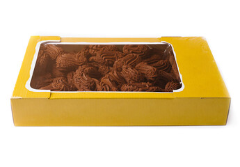 Box of chocolate spritz cookies is lying on a white background