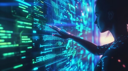 Close-up of employee reviewing benefits security, glowing holographic financial data points, sharp blue and green lines, soft neon lighting, high-tech office, 3D render.