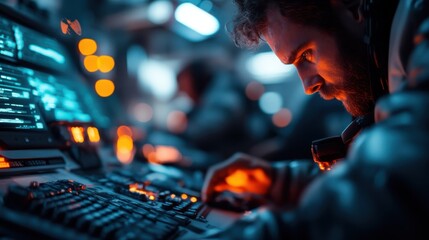 A technician works with advanced computer systems, immersed in a high-tech environment, representing technical proficiency, innovation, and diligent effort.